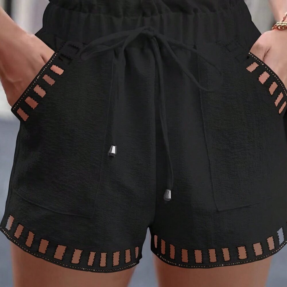 Black Casual Women's Paper Bag Waist Shorts